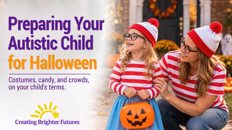 A smiling young girl and her mom wear matching red-and-white striped shirts, knit hats, and round glasses outside a decorated front porch, the girl holding a jack-o'-lantern treat bucket.